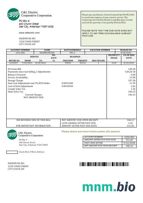 USA Arkansas C & L Electric Cooperative Corporation rachunek za usługi komunalne szablon w formacie Word i PDF